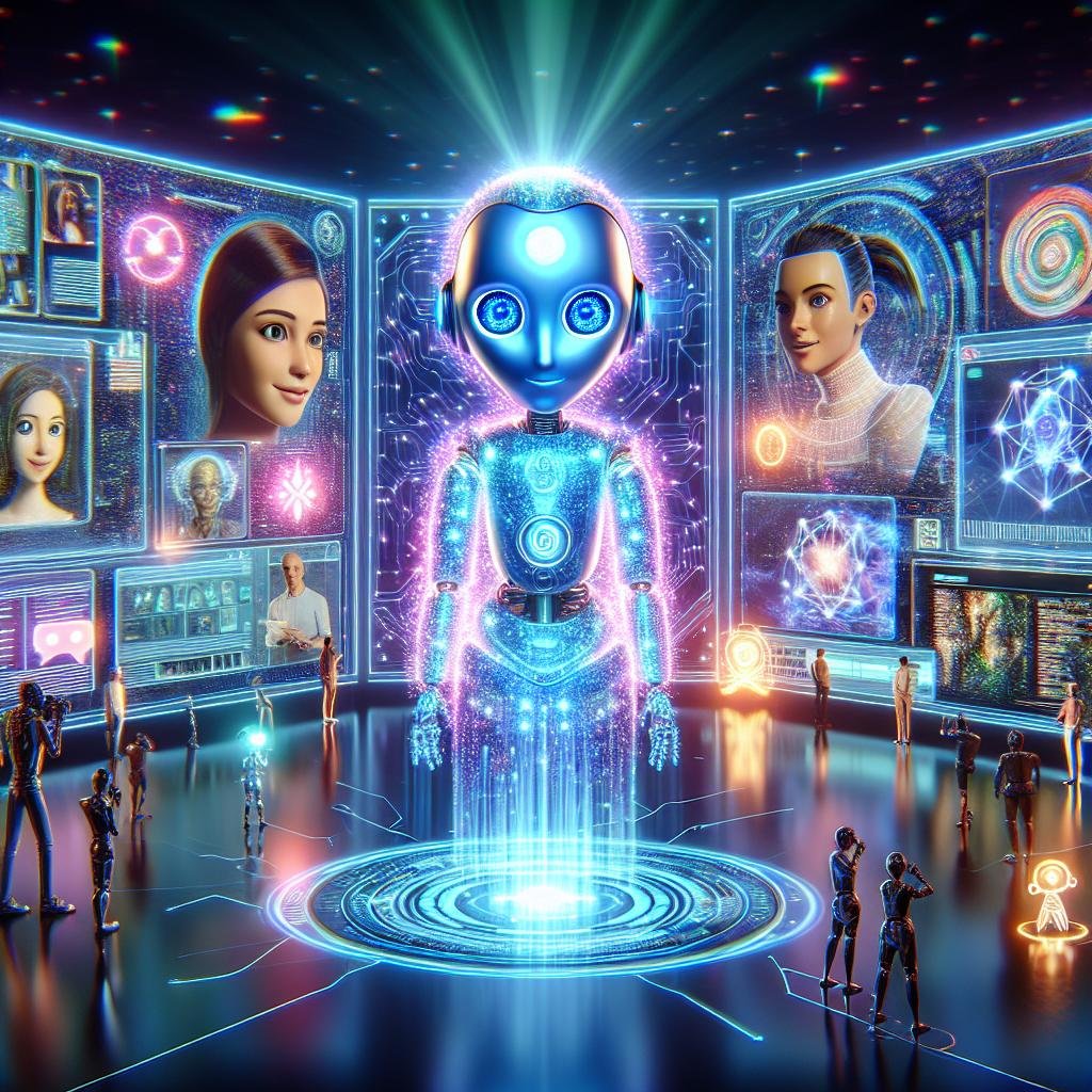 Futuristische KI-Charaktere auf einer digitalen Bühne mit Netzwerken im Hintergrund, symbolisieren Innovation im Online-Marketing, Credit: 404 Magazine (Tobias Hager)