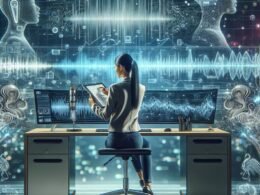 Modernes Arbeitsumfeld mit mehreren Bildschirmen, die Sprachwellen und KI-Algorithmen anzeigen, während ein Marketingexperte Digitalaudiodateien auf einem Tablet überprüft. Im Hintergrund sind neuronale Netzwerke und futuristische Datenströme sichtbar. Credit: 404 Magazine (Tobias Hager).