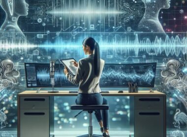 Modernes Arbeitsumfeld mit mehreren Bildschirmen, die Sprachwellen und KI-Algorithmen anzeigen, während ein Marketingexperte Digitalaudiodateien auf einem Tablet überprüft. Im Hintergrund sind neuronale Netzwerke und futuristische Datenströme sichtbar. Credit: 404 Magazine (Tobias Hager).