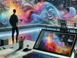 Moderner Arbeitsplatz mit digitalem Bildschirm, der abstrakte KI-generierte Kunstwerke zeigt, umgeben von kreativen Tools und einem professionellen Designer im Hintergrund, Szenen im High-Tech-Designstudio.