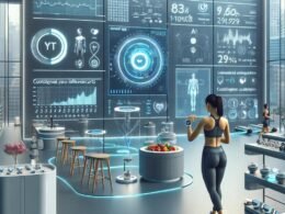 Modernes High-Tech Fitnessstudio in Essen mit holographischen Gesundheitsdaten, digitalen Bildschirmen und vernetzten Wearables vor einer futuristischen Küche.