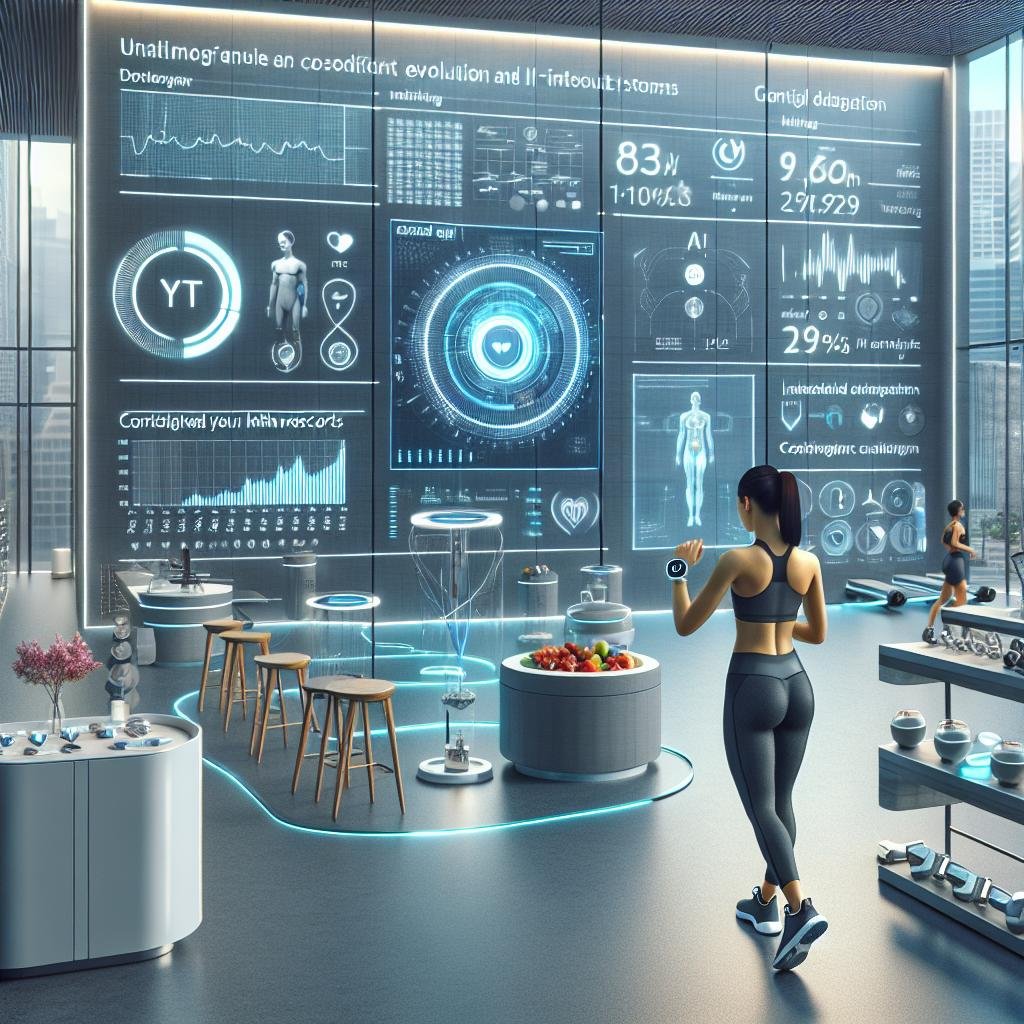 Modernes High-Tech Fitnessstudio in Essen mit holographischen Gesundheitsdaten, digitalen Bildschirmen und vernetzten Wearables vor einer futuristischen Küche.