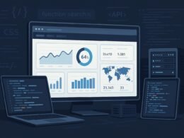 Moderner digitaler Arbeitsplatz mit großen Monitoren, Datenvisualisierungen, Server-Racks und Programmierbildschirmen, betont Webentwicklung und SEO-Optimierung