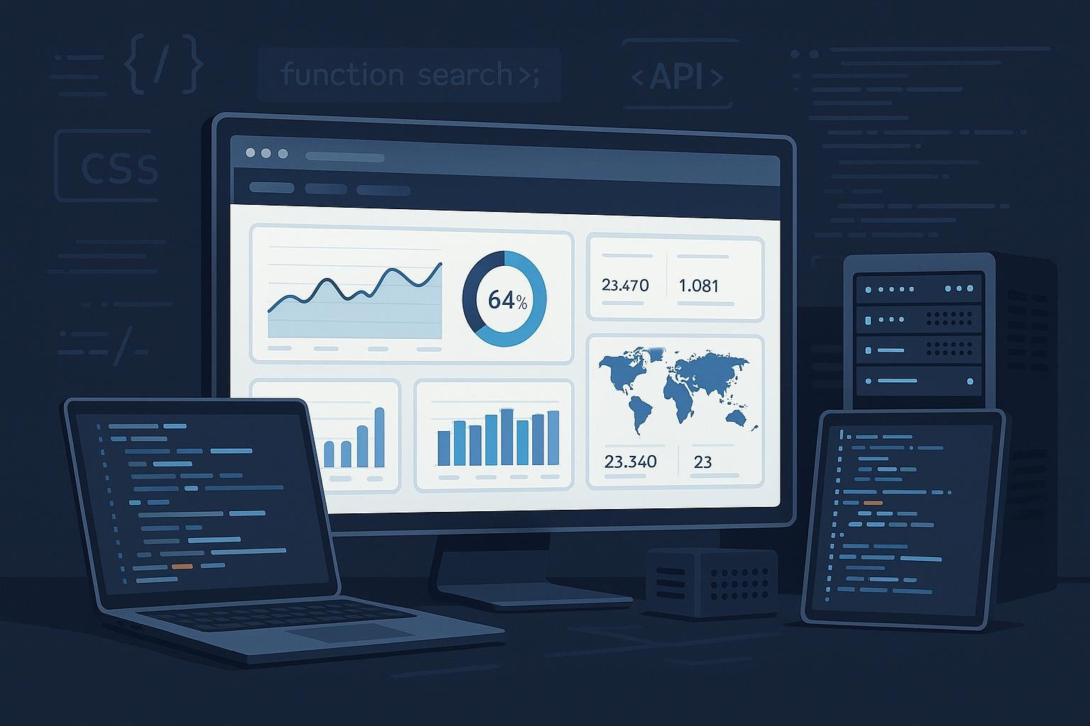 Moderner digitaler Arbeitsplatz mit großen Monitoren, Datenvisualisierungen, Server-Racks und Programmierbildschirmen, betont Webentwicklung und SEO-Optimierung