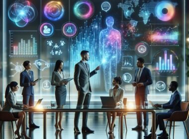 Modernes Büro mit Team, das eine transparente Touchscreen-Anzeige mit Datenvisualisierungen, Sprachmustern und digitalen Icons für API-Integration, NLP und Machine Learning nutzt, im Hintergrund holografische Overlay-Daten.