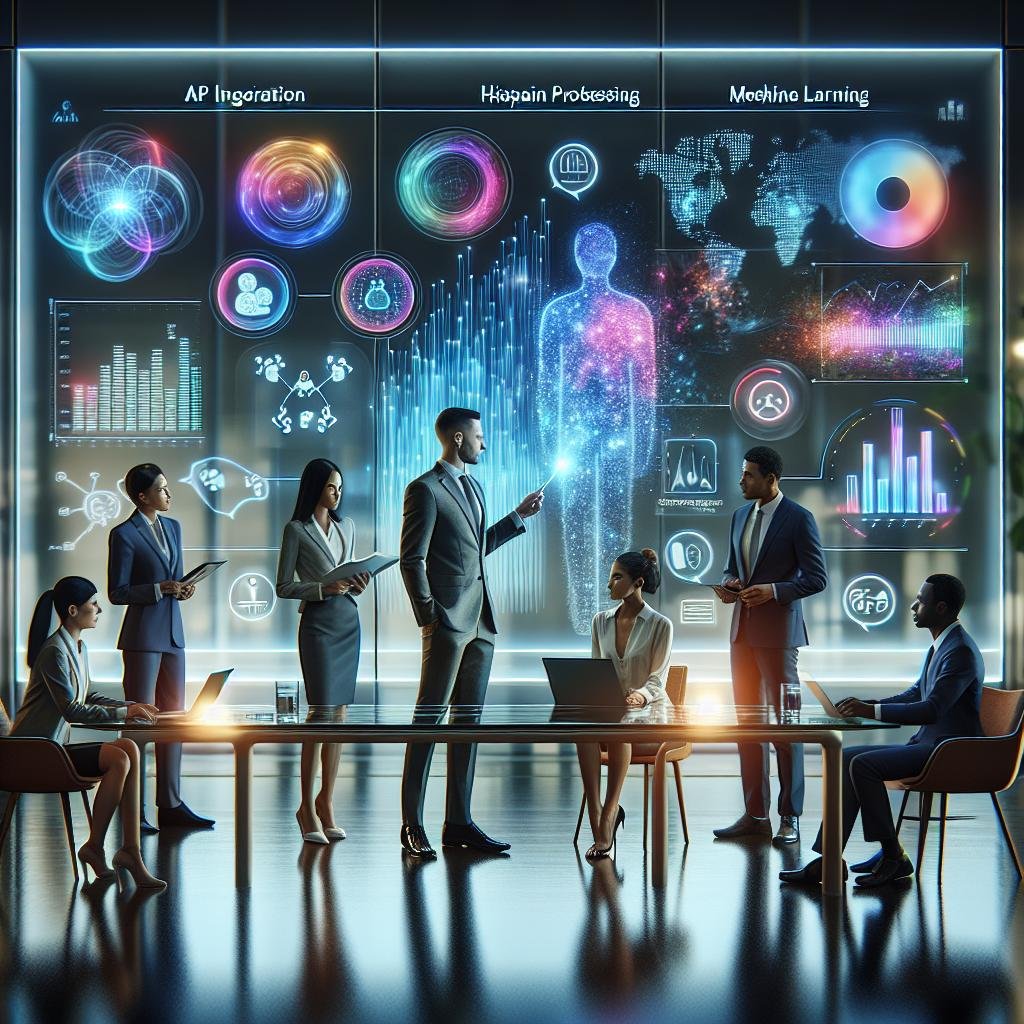 Modernes Büro mit Team, das eine transparente Touchscreen-Anzeige mit Datenvisualisierungen, Sprachmustern und digitalen Icons für API-Integration, NLP und Machine Learning nutzt, im Hintergrund holografische Overlay-Daten.