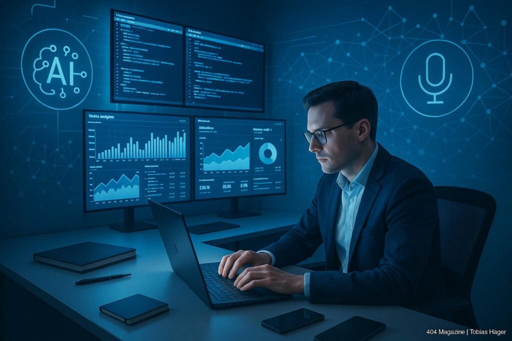 Moderner, futuristischer Arbeitsraum mit großen Bildschirmen, Person am Laptop, AI- und Voice-Search-Symbole sowie Netzwerkgrafiken im Hintergrund, in blauen und weißen Tönen