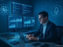 Moderner, futuristischer Arbeitsraum mit großen Bildschirmen, Person am Laptop, AI- und Voice-Search-Symbole sowie Netzwerkgrafiken im Hintergrund, in blauen und weißen Tönen