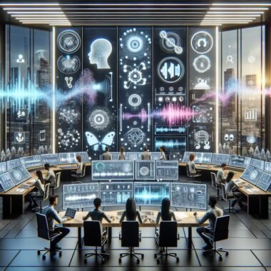 Modernes Kontrollzentrum mit großen Bildschirmen, Team aus Marketingspezialisten und KI-Experten, die Sprachsynthese und Datenvisualisierungen analysieren, vor futuristischer digitaler Stadtlandschaft.