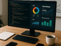 Arbeitsplatz mit Monitor, Notizbüchern, Smartphone und Kaffeetasse, im Hintergrund Whiteboard mit Crawler-Diagrammen und Leistungskennzahlen, betreffen SEO und technische Planung, Credit: 404 Magazine (Tobias Hager)