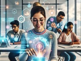 Vielfältige Schüler in einer modernen, hochtechnologischen Lernumgebung mit holografischen Displays und digitalen Dashboards, unterstützt durch KI und neurobiologische Muster.