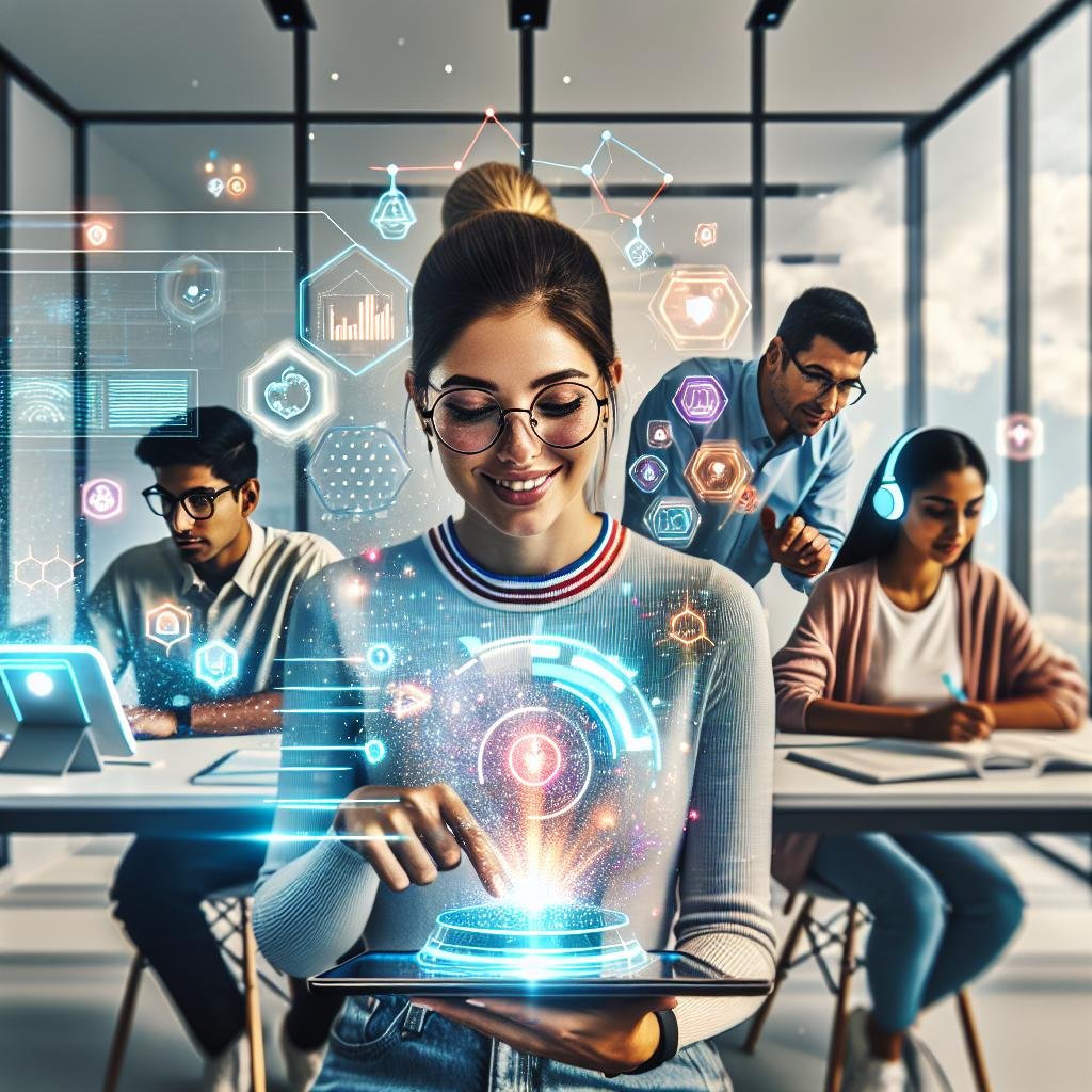 Vielfältige Schüler in einer modernen, hochtechnologischen Lernumgebung mit holografischen Displays und digitalen Dashboards, unterstützt durch KI und neurobiologische Muster.