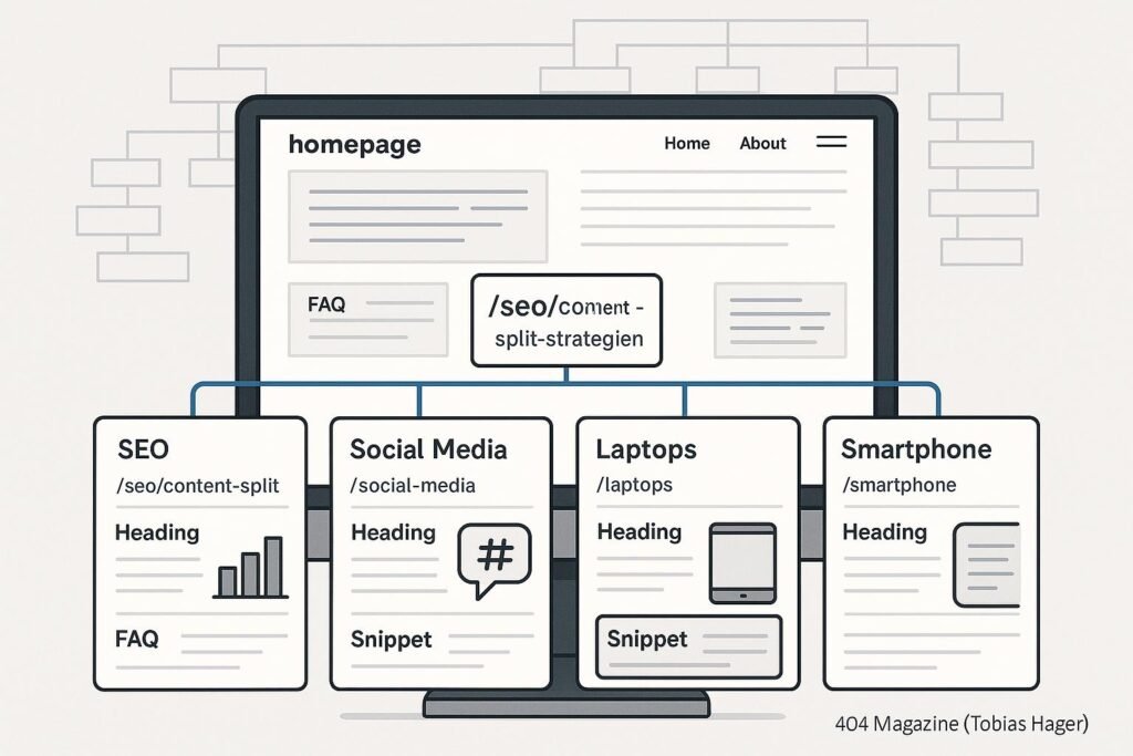 Bild einer modernen Webseiten-Content-Architektur mit zentraler Hauptseite, Unterseiten zu SEO, Social Media, Laptops und Smartphones, inklusive Icons, Navigation und Sitemap im Hintergrund