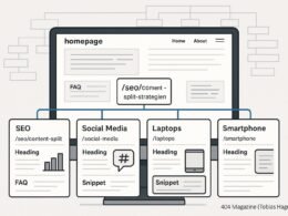 Bild einer modernen Webseiten-Content-Architektur mit zentraler Hauptseite, Unterseiten zu SEO, Social Media, Laptops und Smartphones, inklusive Icons, Navigation und Sitemap im Hintergrund