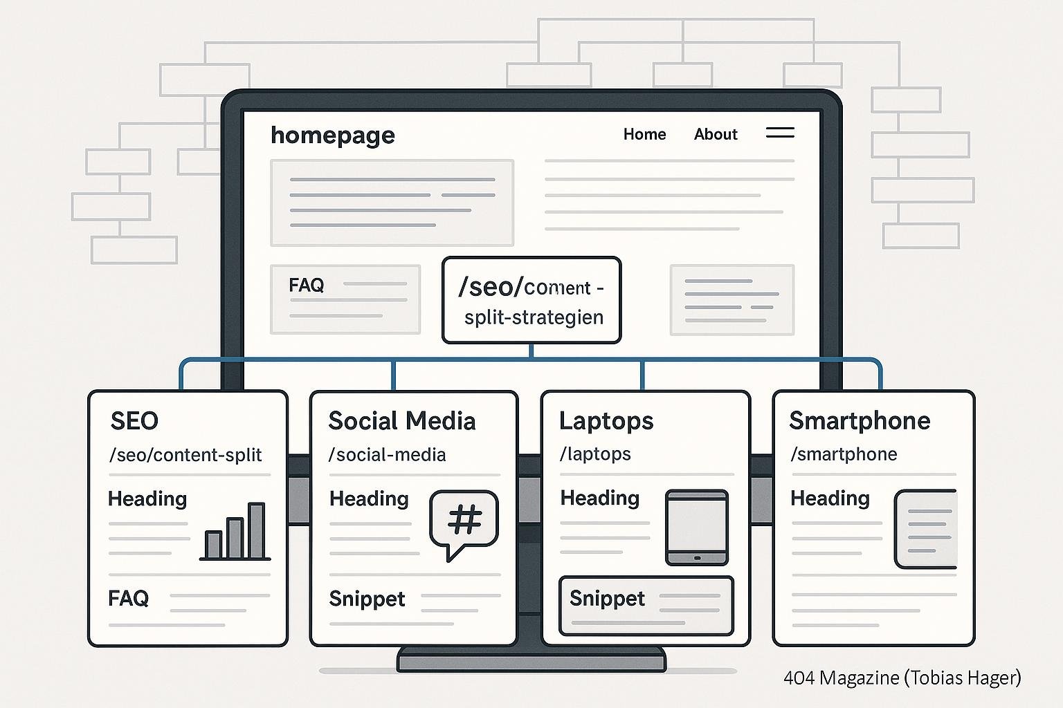 Bild einer modernen Webseiten-Content-Architektur mit zentraler Hauptseite, Unterseiten zu SEO, Social Media, Laptops und Smartphones, inklusive Icons, Navigation und Sitemap im Hintergrund