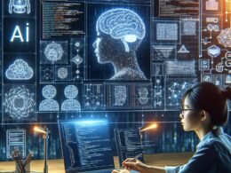 Moderner digitaler Arbeitsplatz mit großem High-Resolution-Monitor, Entwickler mit Laptop, umgeben von Technologieelementen wie Datenstrukturen, API-Dokumentationen und Cloud-Icons, im futuristischen Büroambiente.