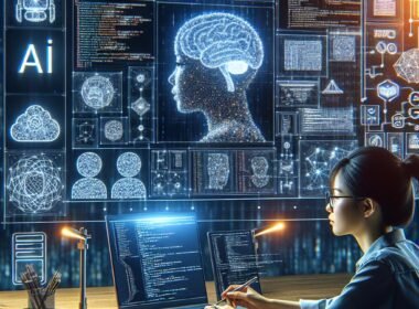 Moderner digitaler Arbeitsplatz mit großem High-Resolution-Monitor, Entwickler mit Laptop, umgeben von Technologieelementen wie Datenstrukturen, API-Dokumentationen und Cloud-Icons, im futuristischen Büroambiente.