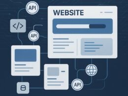 Modulares Web-Layout mit API-Verbindungen, Datenflüssen und Netzwerkanimationen in Blau- und Grautönen.