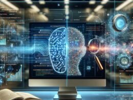 Hochmoderne digitale Arbeitsumgebung mit KI-Analysetools, holographischen neuralen Netzwerken und Datenströmen, die die Überwachung von KI-generiertem Content visualisieren.