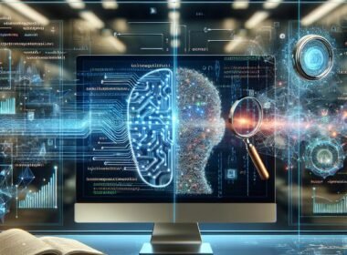 Hochmoderne digitale Arbeitsumgebung mit KI-Analysetools, holographischen neuralen Netzwerken und Datenströmen, die die Überwachung von KI-generiertem Content visualisieren.