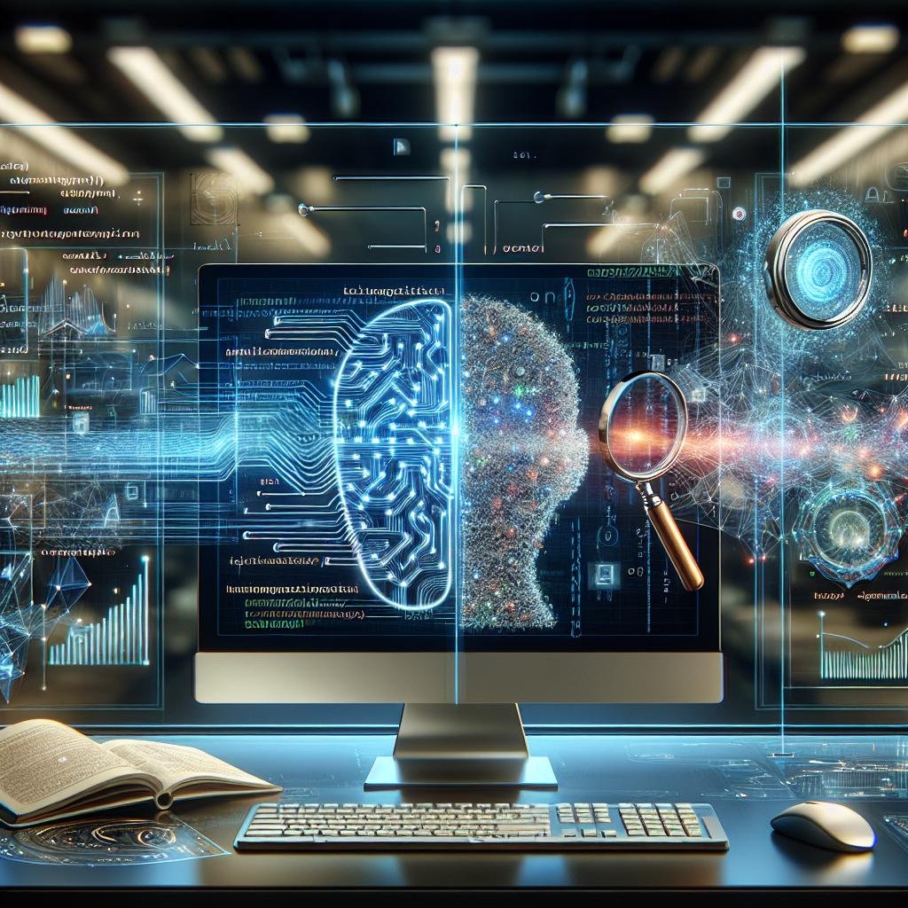 Hochmoderne digitale Arbeitsumgebung mit KI-Analysetools, holographischen neuralen Netzwerken und Datenströmen, die die Überwachung von KI-generiertem Content visualisieren.