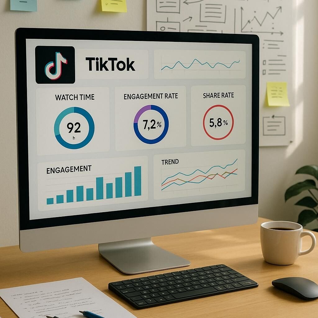 Arbeitsplatz eines TikTok-Marketers mit Computerbildschirm, KPIs, Notizblättern, Whiteboards und einer Tasse Kaffee in hellem, motivierendem Umfeld