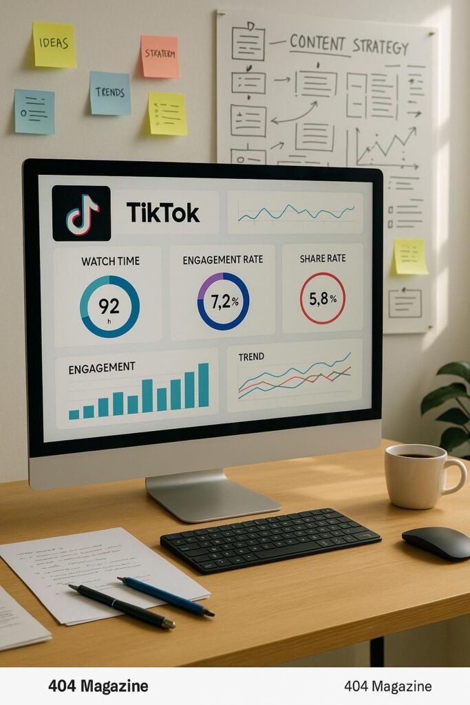 Arbeitsplatz eines TikTok-Marketers mit Computerbildschirm, KPIs, Notizblättern, Whiteboards und einer Tasse Kaffee in hellem, motivierendem Umfeld