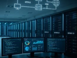 Modernes Serverraum-Setup mit blinkenden LEDs, Monitoren, die Performance-Daten anzeigen, und schematischen Netzwerk-Darstellungen