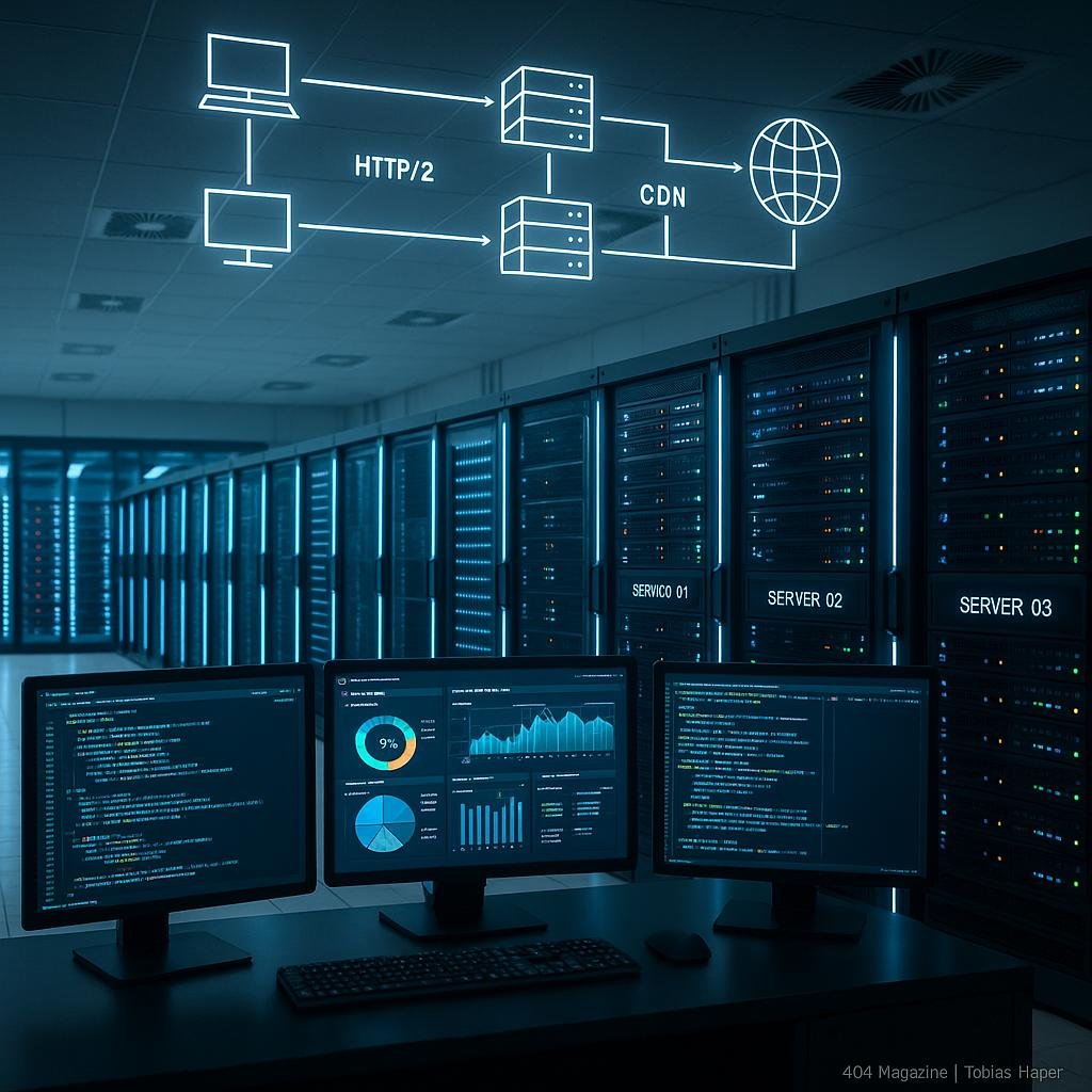 Modernes Serverraum-Setup mit blinkenden LEDs, Monitoren, die Performance-Daten anzeigen, und schematischen Netzwerk-Darstellungen