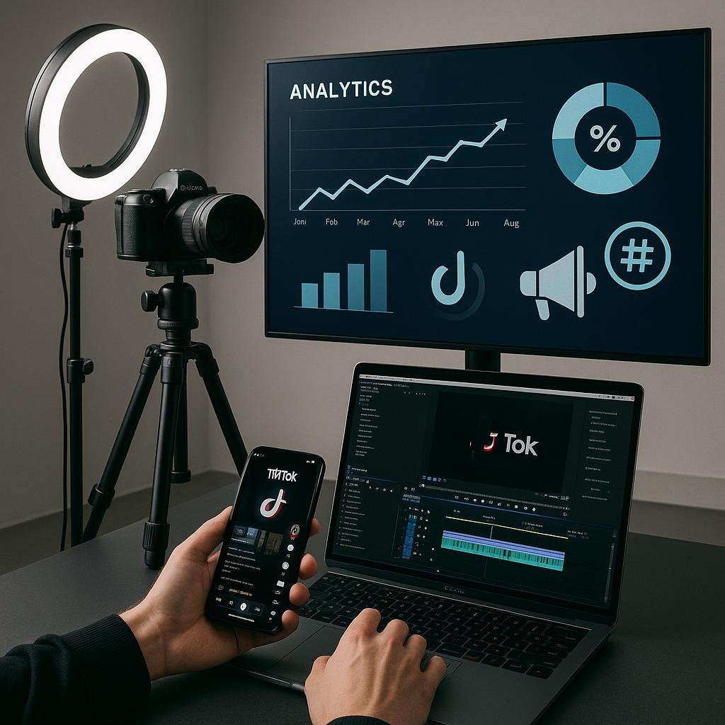 Professionelles TikTok-Studio mit Kamera, Licht, Diagrammen auf Bildschirm, Laptop und Smartphone, zeigt datengetriebene Content-Erstellung