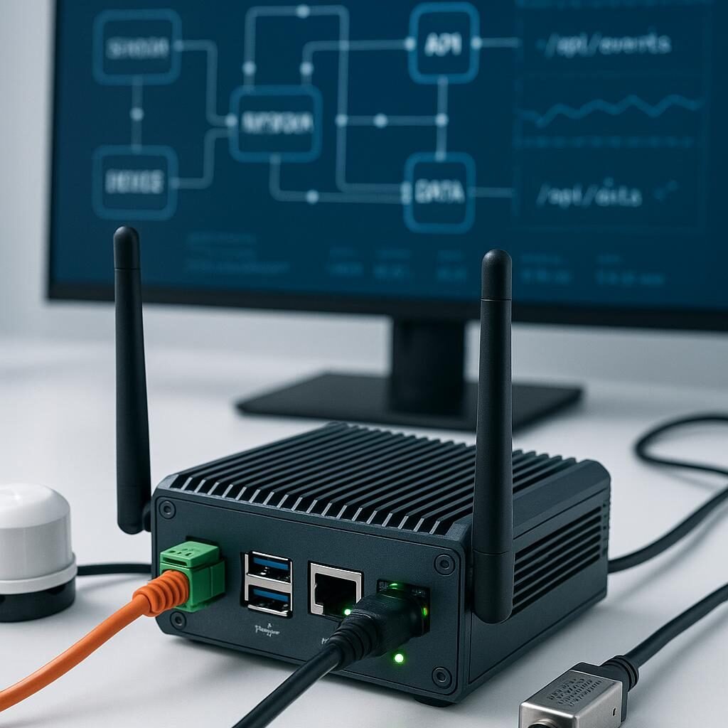 Naheaufnahme eines industriellen IoT-Embedded-Devices mit sichtbaren Ports, Antennen und Kabelverbindungen, Hintergrund mit Netzwerkdiagrammen und Datenflussthemen, hervorstehend im high-tech Umfeld.