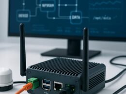 Naheaufnahme eines industriellen IoT-Embedded-Devices mit sichtbaren Ports, Antennen und Kabelverbindungen, Hintergrund mit Netzwerkdiagrammen und Datenflussthemen, hervorstehend im high-tech Umfeld.