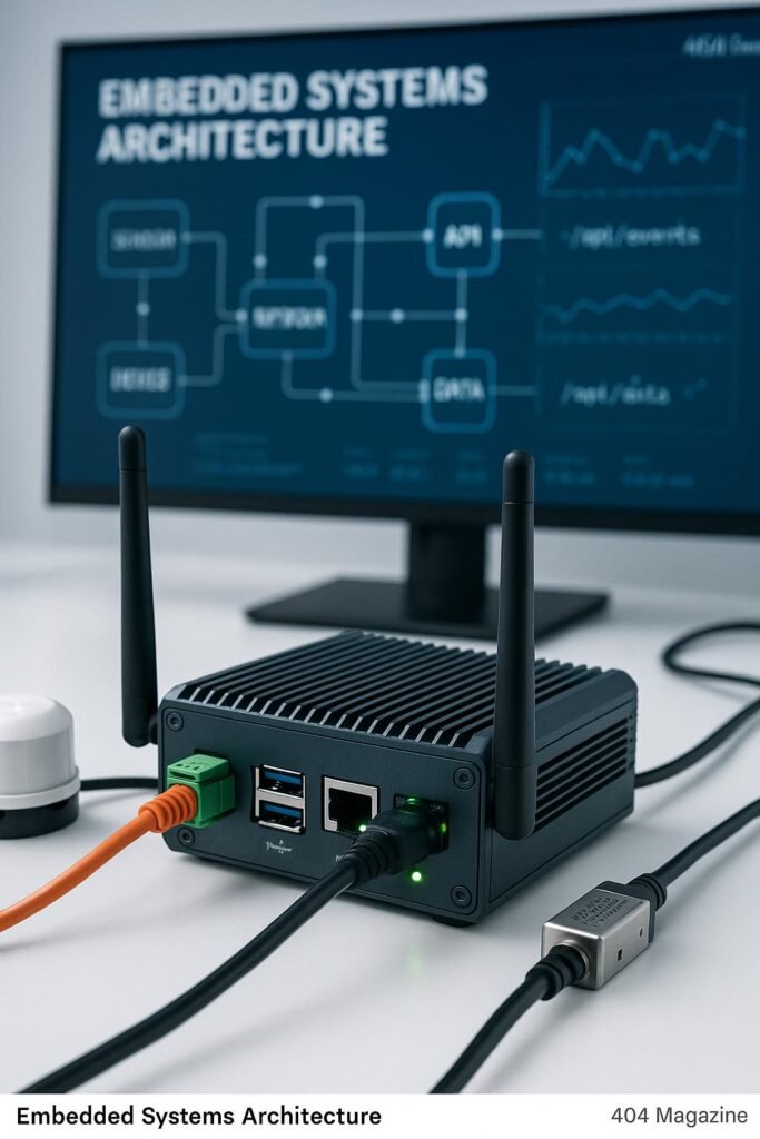 Naheaufnahme eines industriellen IoT-Embedded-Devices mit sichtbaren Ports, Antennen und Kabelverbindungen, Hintergrund mit Netzwerkdiagrammen und Datenflussthemen, hervorstehend im high-tech Umfeld.
