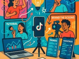 Moderne Arbeitsumgebung mit Smartphone, Laptop, Notizbuch und Content-Formaten wie Challenges und Tutorials für TikTok-Erfolg, visualisiert durch Linien und Icons.