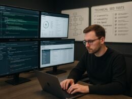 Entwickler in einem modernen Studio arbeitet an einem Laptop, während Monitoren mit Code-Reviews, SEO-Tools und Fehlersuch-Software sichtbar sind. Im Hintergrund Whiteboards mit Diagrammen und Checklisten für technische SEO-Tests.