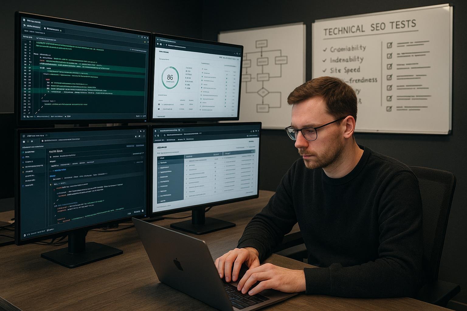 Entwickler in einem modernen Studio arbeitet an einem Laptop, während Monitoren mit Code-Reviews, SEO-Tools und Fehlersuch-Software sichtbar sind. Im Hintergrund Whiteboards mit Diagrammen und Checklisten für technische SEO-Tests.