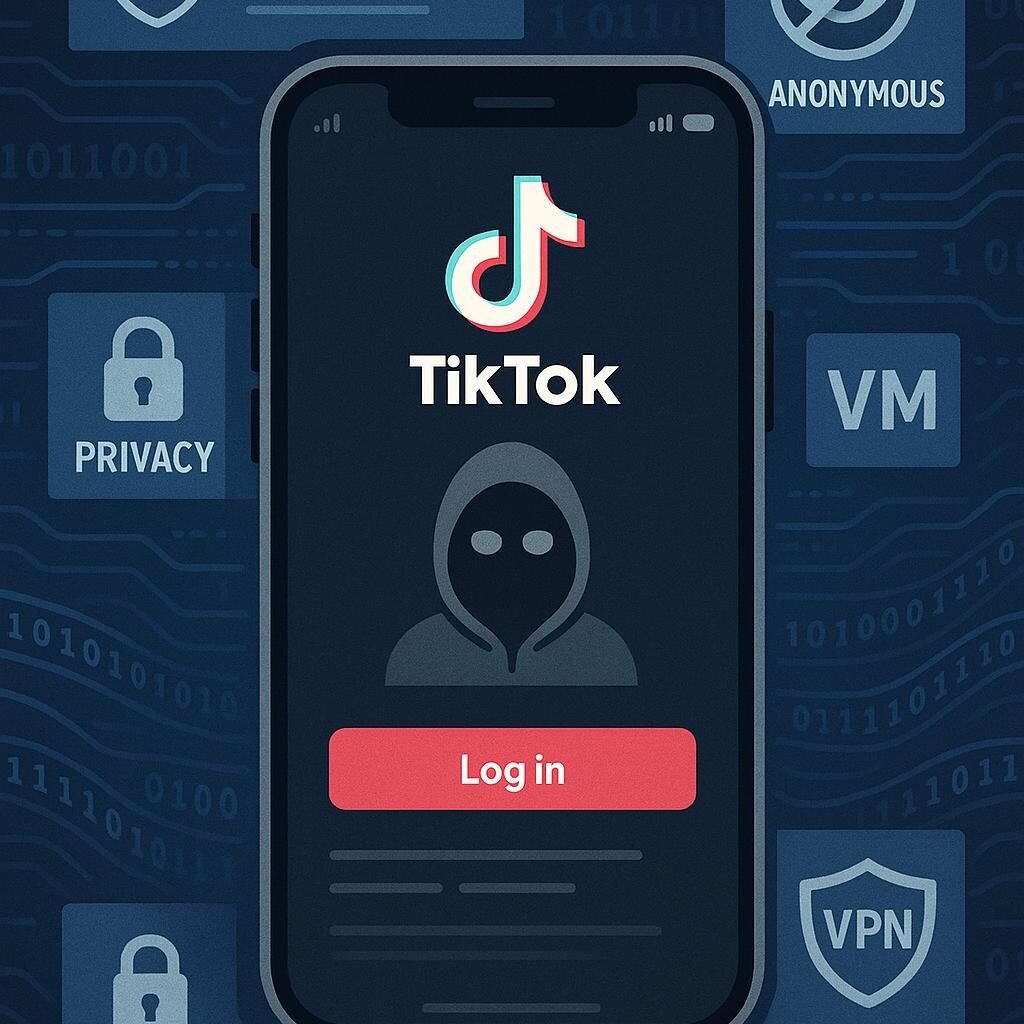Stilisiertes Smartphone mit TikTok-Login-Bildschirm, umgeben von digitalen Symbolen für Datenschutz, Sicherheit und Anonymität, mit Hintergründen verschlüsselter Datenströme, VPN-Icons und Virtual Machines, vermittelt das Konzept eines sicheren, geheimen Ghost-Accounts, Credit: 404 Magazine (Tobias Hager).