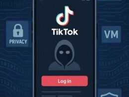 Stilisiertes Smartphone mit TikTok-Login-Bildschirm, umgeben von digitalen Symbolen für Datenschutz, Sicherheit und Anonymität, mit Hintergründen verschlüsselter Datenströme, VPN-Icons und Virtual Machines, vermittelt das Konzept eines sicheren, geheimen Ghost-Accounts, Credit: 404 Magazine (Tobias Hager).