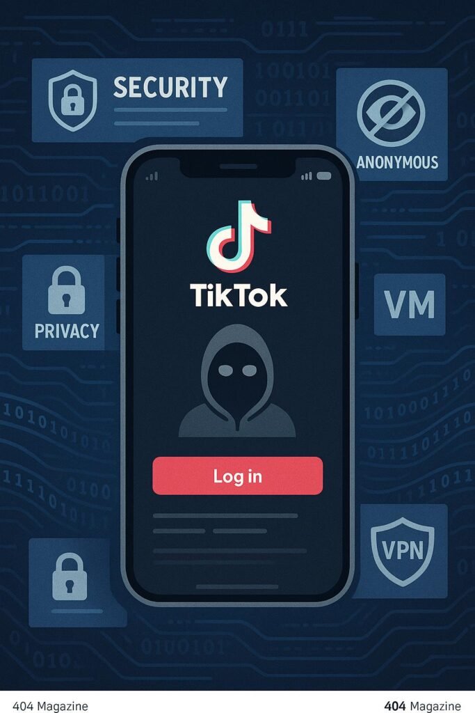 Stilisiertes Smartphone mit TikTok-Login-Bildschirm, umgeben von digitalen Symbolen für Datenschutz, Sicherheit und Anonymität, mit Hintergründen verschlüsselter Datenströme, VPN-Icons und Virtual Machines, vermittelt das Konzept eines sicheren, geheimen Ghost-Accounts, Credit: 404 Magazine (Tobias Hager).