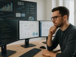 Entwickler im modernen Büro mit mehreren Monitoren, überwacht Code und SEO-Daten, im Hintergrund eine Tafel mit Diagrammen und Statistiken