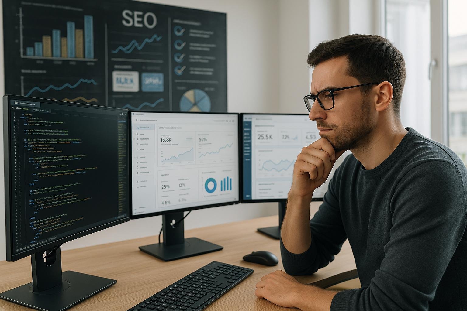 Entwickler im modernen Büro mit mehreren Monitoren, überwacht Code und SEO-Daten, im Hintergrund eine Tafel mit Diagrammen und Statistiken