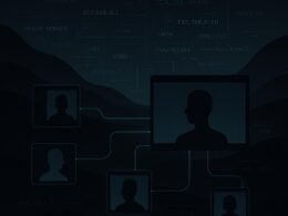 Minimale digitale Silhouette einer dunklen Landschaft mit anonymisierten Profilen und verbundenen Linien, die die automatisierte Ghost Account-Infrastruktur darstellen