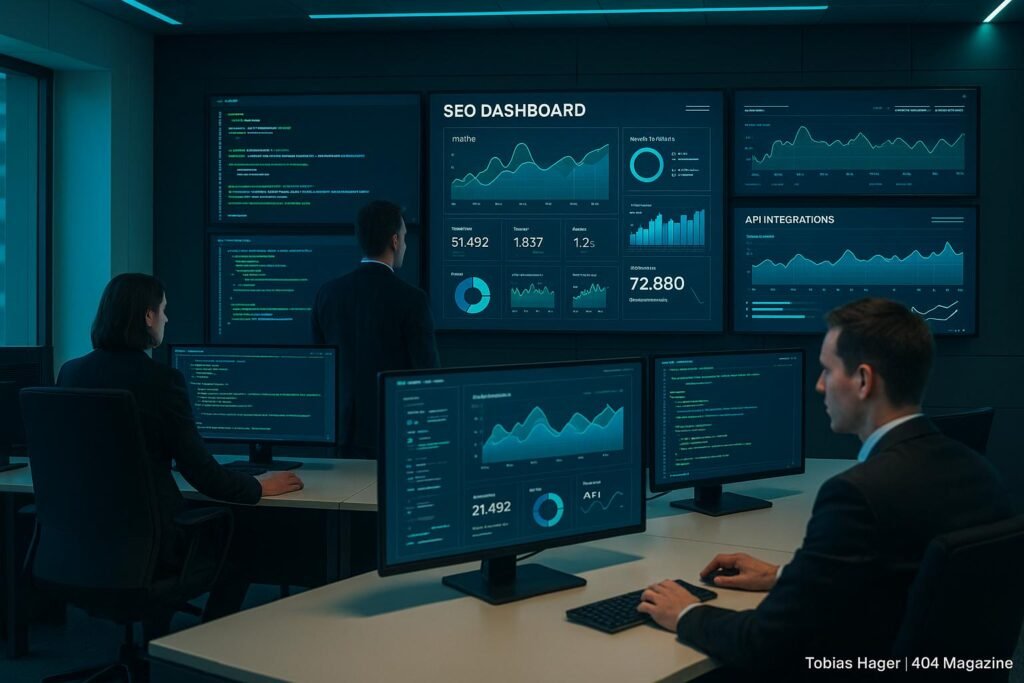 Modernes Kontrollzentrum mit mehreren Bildschirmen, die SEO-Daten und Echtzeit-Analysen zeigen, mit Fachleuten, die die Daten überwachen, im modernen, leuchtenden Ambiente.