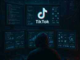 Futuristisches TikTok-Setup mit mehreren Monitoren, Proxy-Servern und leuchtenden Akzenten, die Automatisierung und Manipulation symbolisieren