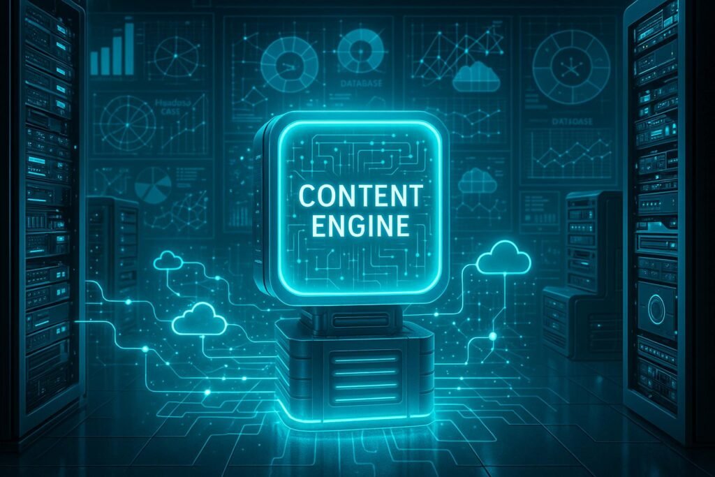 Futuristischer Server-Raum mit holografischen Datenströmen, digitalen Schaubildern und Netzwerkstrukturen in blauen, türkisen und silbernen Tönen