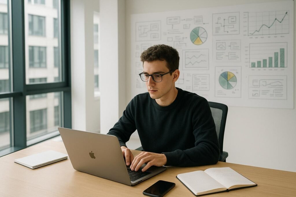 Junge Person arbeitet in einem hellen, minimalistischen Büro mit großen Fenstern und Whiteboards voller Skizzen und Diagramme. Credit: 404 Magazine (Tobias Hager)