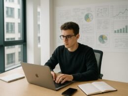 Junge Person arbeitet in einem hellen, minimalistischen Büro mit großen Fenstern und Whiteboards voller Skizzen und Diagramme. Credit: 404 Magazine (Tobias Hager)