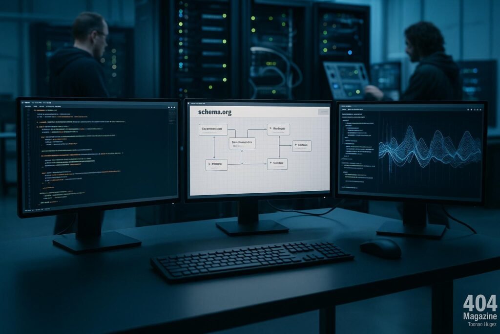 Moderner Arbeitsplatz mit mehreren Monitoren, Code-Editoren, Schema Markup Visualisierungen und Entwicklern, die an Servern arbeiten