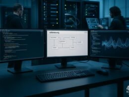 Moderner Arbeitsplatz mit mehreren Monitoren, Code-Editoren, Schema Markup Visualisierungen und Entwicklern, die an Servern arbeiten