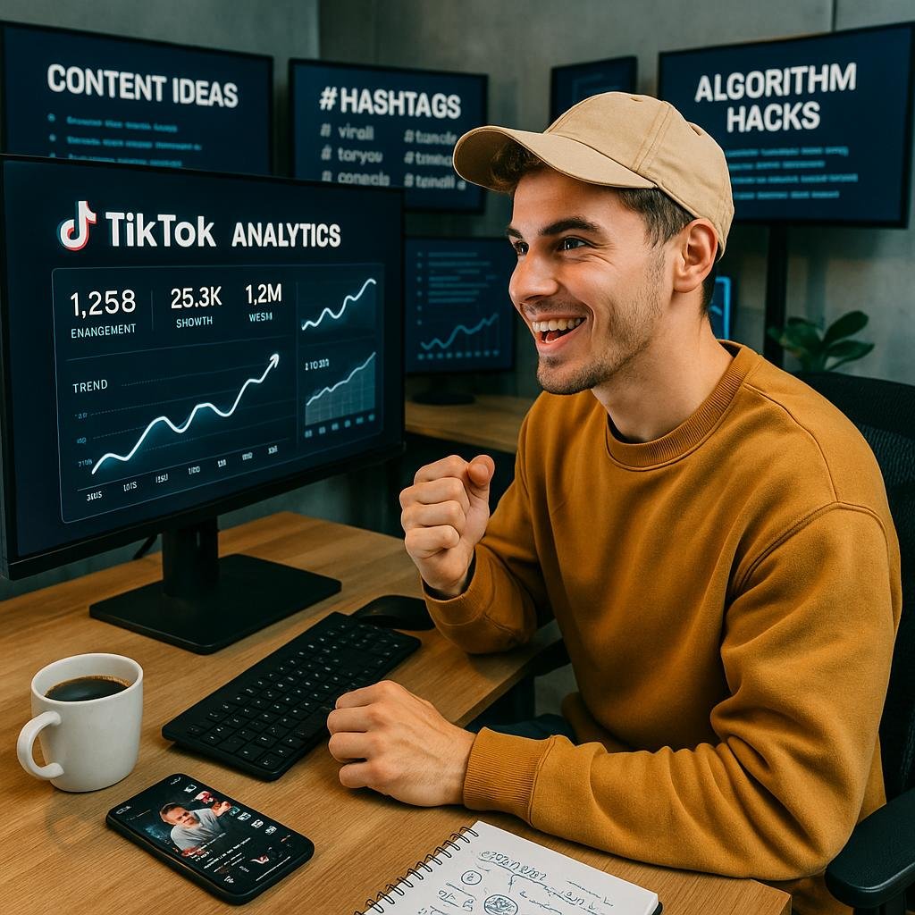 Junger Content Creator sitzt vor einem großen Bildschirm mit TikTok-Analysen und Trend-Daten, im Hintergrund mehrere Monitore mit Content-Ideen, Hashtags und Algorithmus-Hacks, begleitet von Smartphone, Kaffee und Notizbuch, in einem hellen, energiegeladenen Arbeitsumfeld.